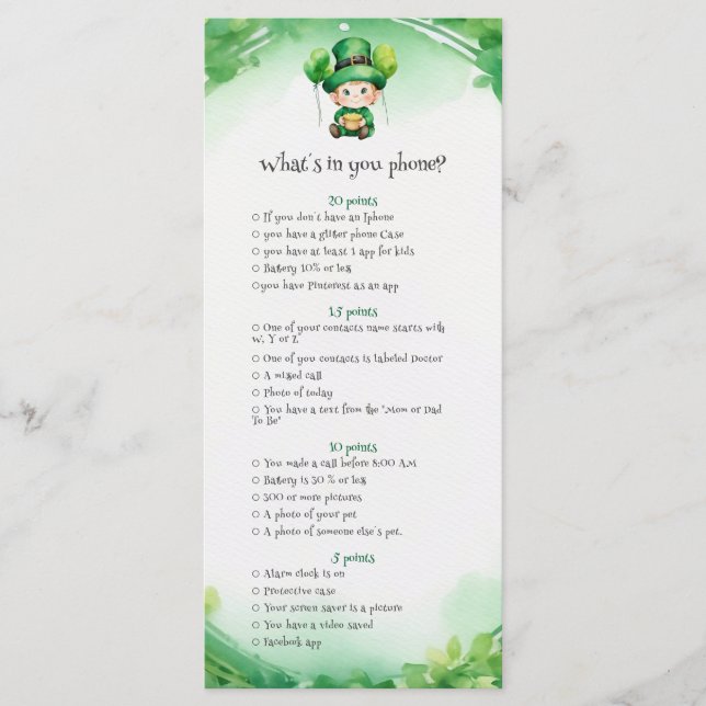 Carte de jeu de babyshower de la Saint Patrick (Devant)