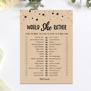 Carte de jeu de bridal shower 'Would She Rather' p