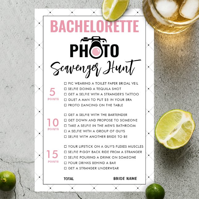 Carte de jeu de chasse à bachelorette moderne (Bachelorette photo scavenger Game)
