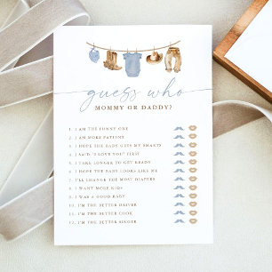 Carte de jeu de devinette pour Baby Shower Cowboy 