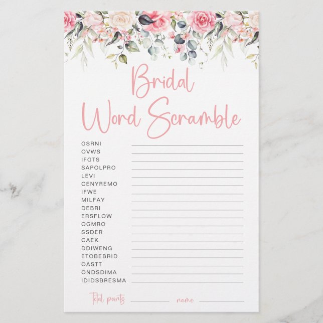 Carte de jeu de mots mêlés pour la mariée | Blush  (Devant)