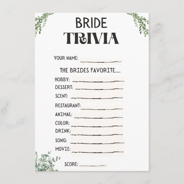 Carte de jeu de trivia pour enterrement de vie de  (Devant)