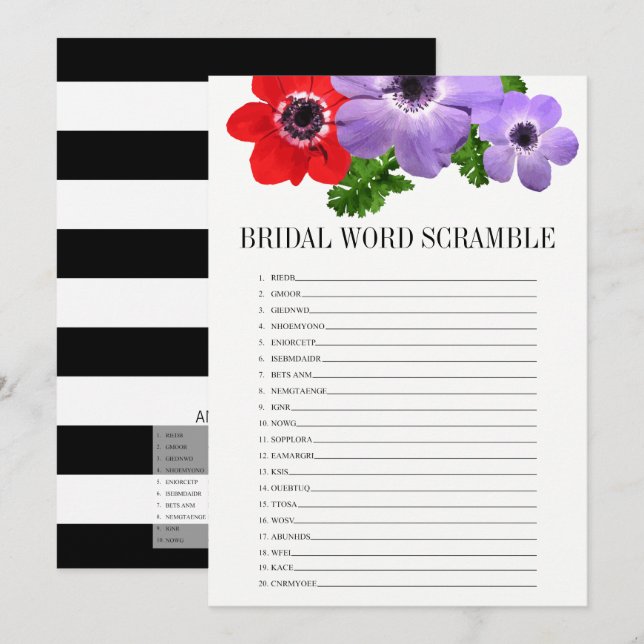 Carte de jeu Flore Fête des mariées Word Scramble (Devant / Derrière)