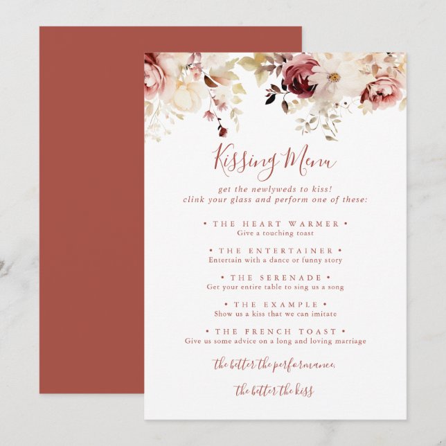Carte de jeu Graceful Floral Mariage Kissing Menu (Devant / Derrière)