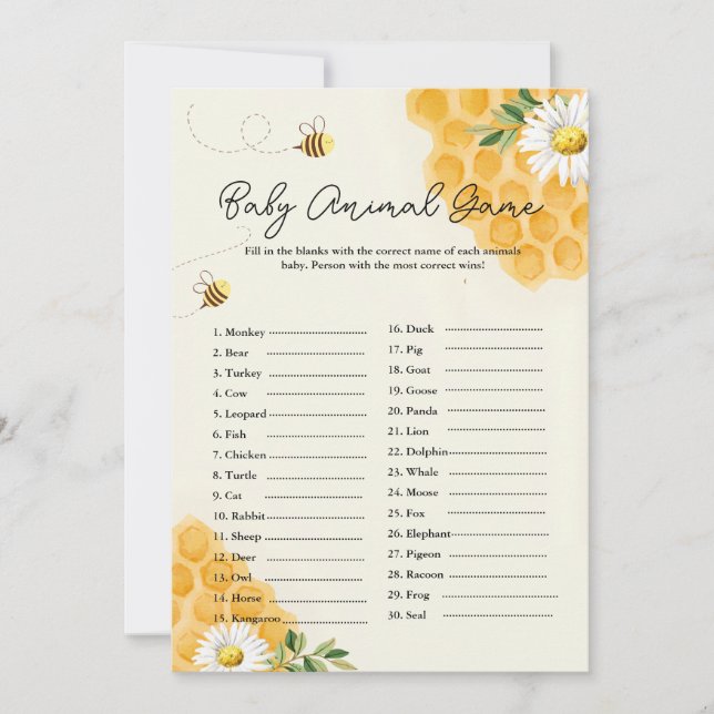 Carte de jeu pour Baby Shower 'Bébé Animal Abeille (Devant)