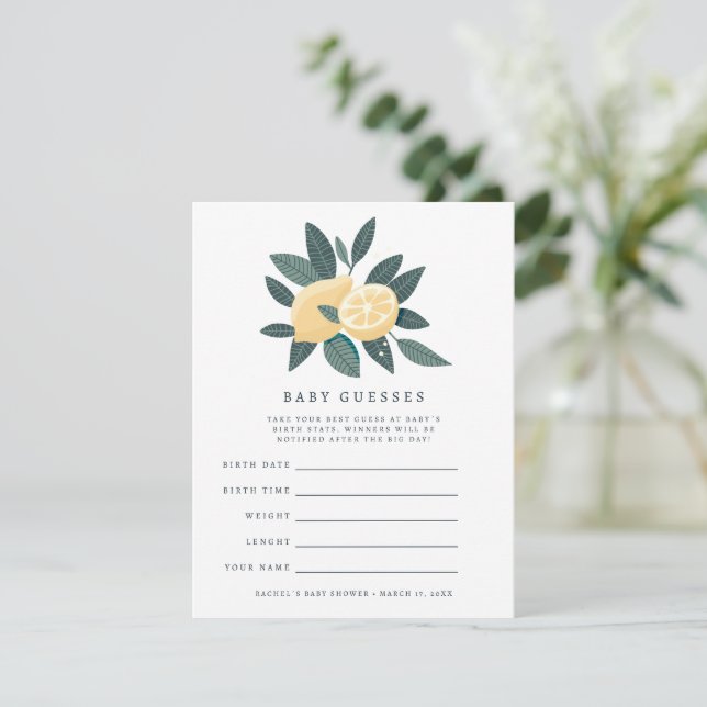 Carte de jeu pour deviner les citrons baby shower (Debout devant)