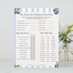Carte de jeu Trivia Trio pour fille d'anniversaire