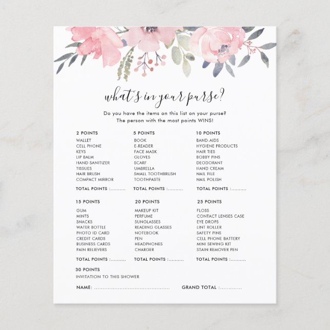 Carte de jeux de douche Floral Rose Script Bridal (Devant)