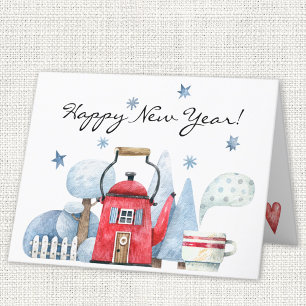 Carte de Jour de l'An Whimsy Teapot sur 3 côtés