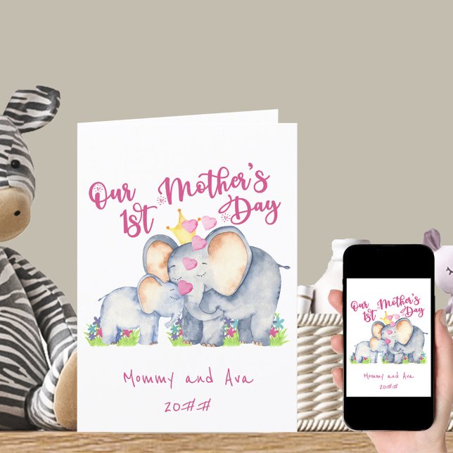 Carte de jour maman et bébé Elephant rose 1ère mèr (Créateur téléchargé)