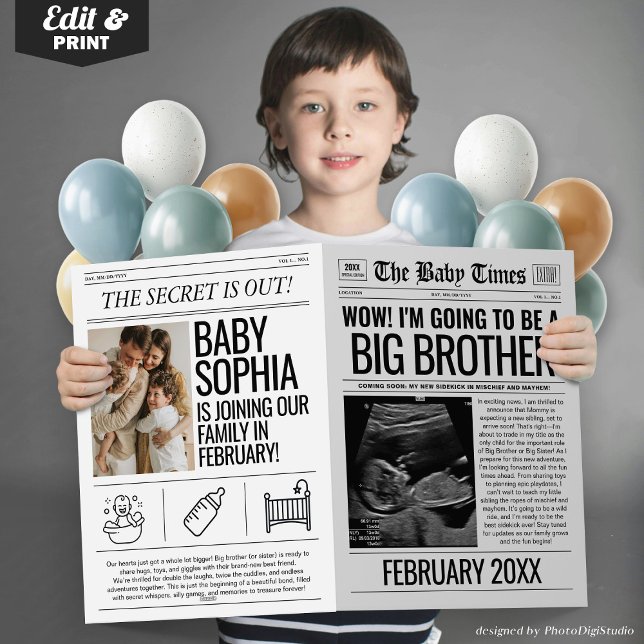 Carte de journal Big Brother Pregnancy Faire-part (Fun Baby Announcement Newspaper, I'm Going to be A Big Brother Pregnancy Announcement Newspaper Card)
