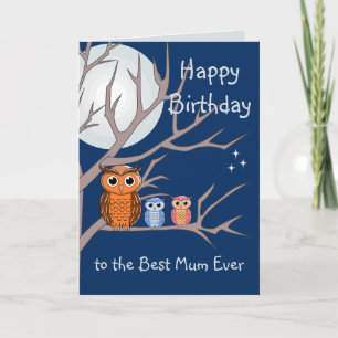 Carte de joyeux anniversaire avec un hibou et 2 hi