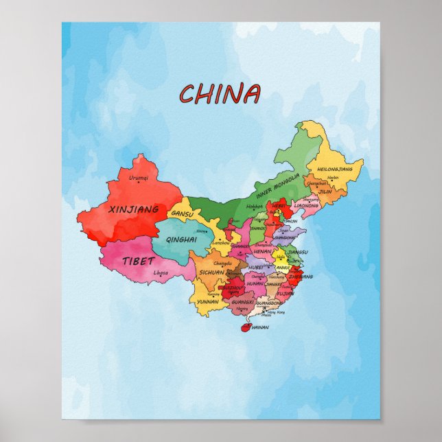 Carte de la Chine aquarelle affiche (Devant)