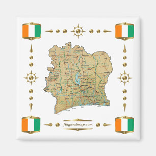 Carte de la Côte d'Ivoire + Magnet des drapeaux