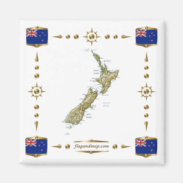 Carte de la Nouvelle-Zélande + Pavillons Magnet (Devant)