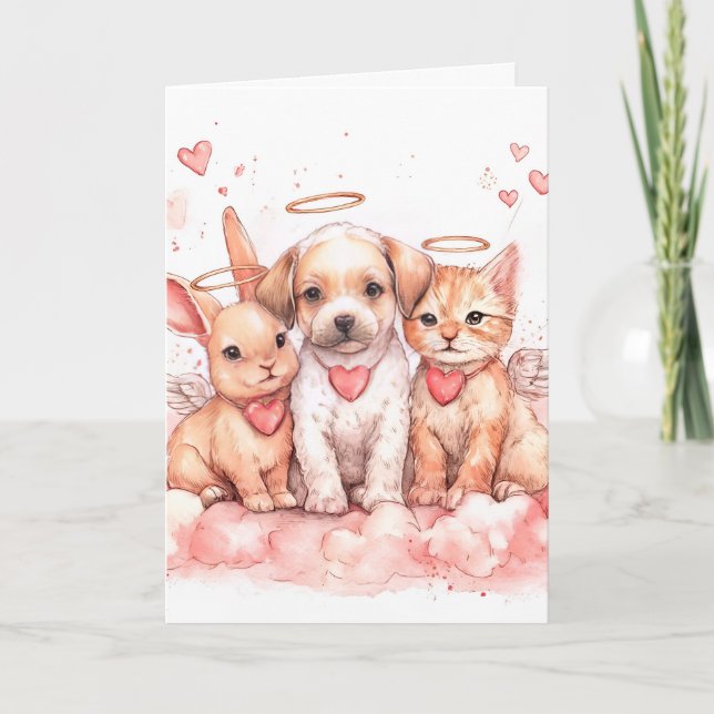 Carte de la Saint-Valentin avec bébé lapin, chiot (Devant)
