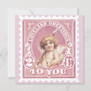 Carte de la Saint-Valentin Cupidon Rose Timbre Fêt