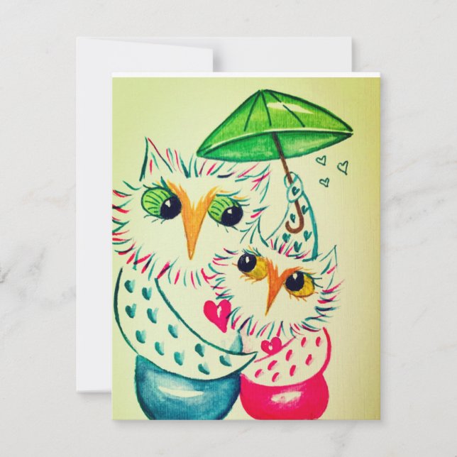 Carte de la Saint-Valentin, hiboux à l'aquarelle (Devant)