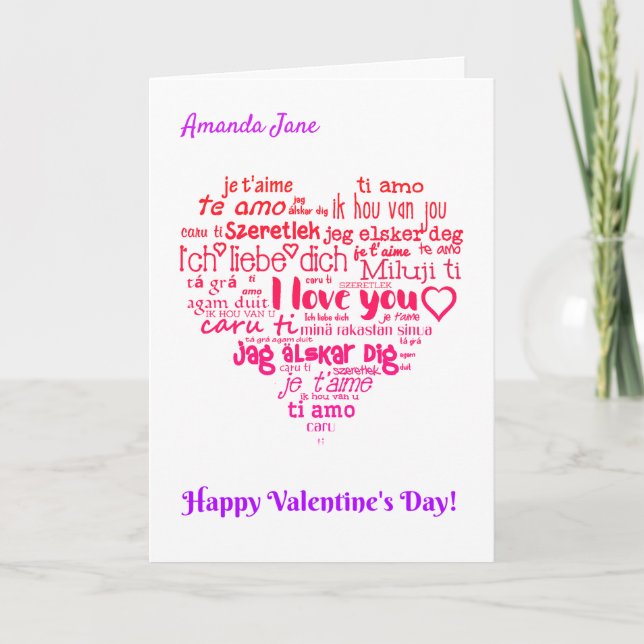 Carte de la Saint-Valentin Multilingue en forme de (Devant)