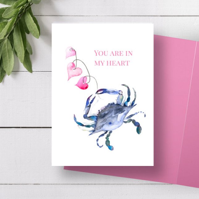 Carte de la Saint-Valentin sur la plage Crabe bleu (Valentine's Day card features unique watercolor art by Victoria Grigaliunas of Do Tell A Belle)