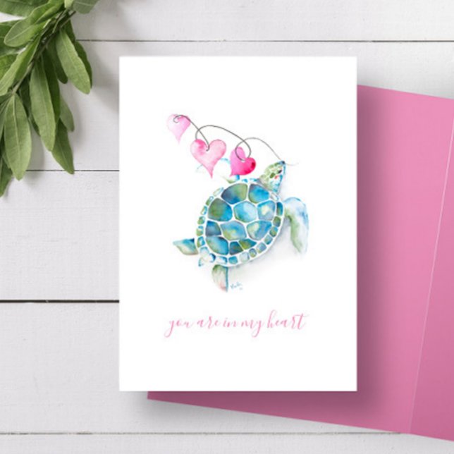 Carte de la Saint-Valentin Tortue de mer (Valentine's Day cards feature sea turtle watercolor art by Victoria Grigaliunas of Do Tell A Belle )