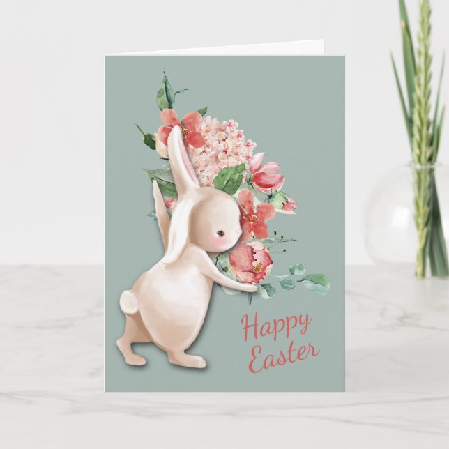 Carte de lapin de Pâques livrant des fleurs (Devant)