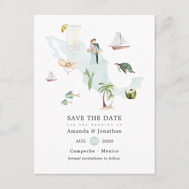 Carte de l'aquarelle du Mexique Destination Weddin (Devant)
