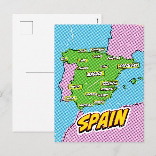 Carte de l'Espagne illustrée par Pop Art (Devant / Derrière)
