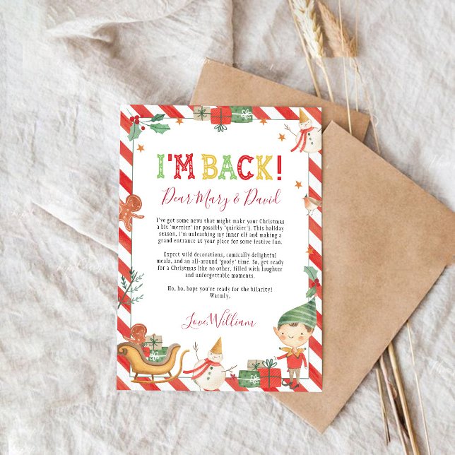 Carte de lettre de lutin de Noël Je suis de retour (Créateur téléchargé)
