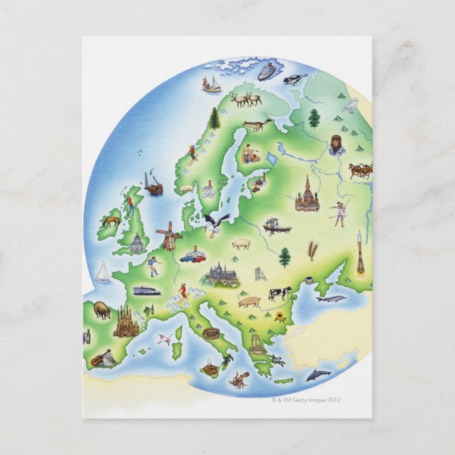 Carte de l'Europe avec des illustrations de célèbr (Devant)