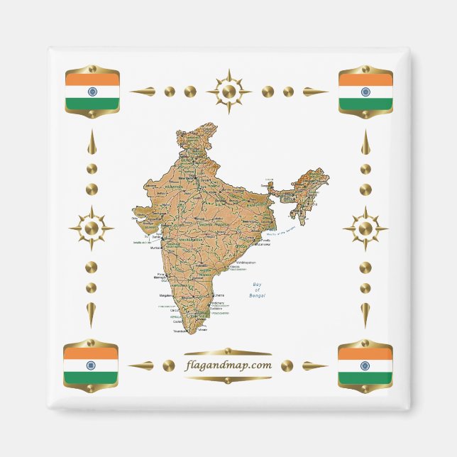 Carte de l'Inde + Magnet des drapeaux (Devant)
