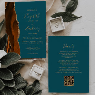 Carte de mariage à code QR sarcelle et agate dorée