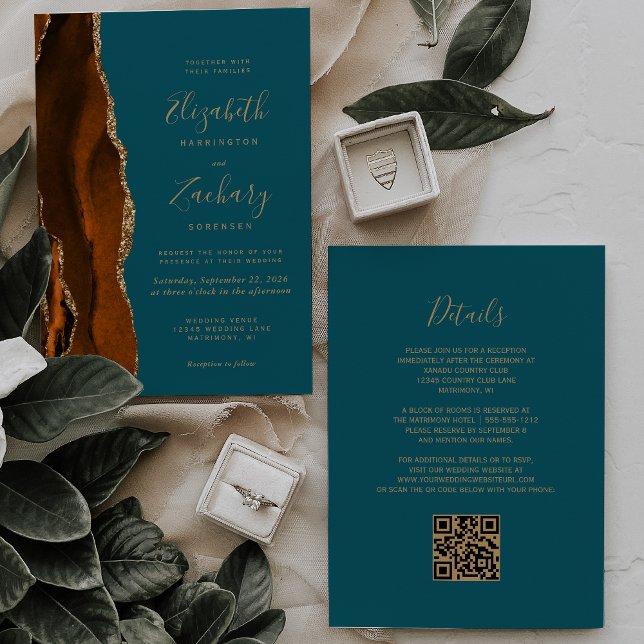 Carte de mariage à code QR sarcelle et agate dorée (Créateur téléchargé)