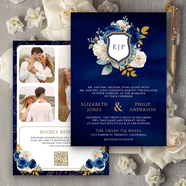 Carte de mariage à crête de photo avec code QR flo (Créateur téléchargé)