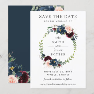 Carte de mariage à fleurs Burgundy Navy pour annon