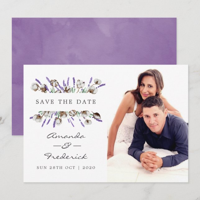 Carte de mariage à l'aquarelle en coton et lavande (Devant / Derrière)