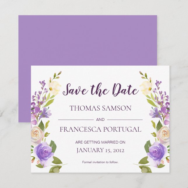 Carte de mariage à motif floral aquarelle lilas po (Devant / Derrière)