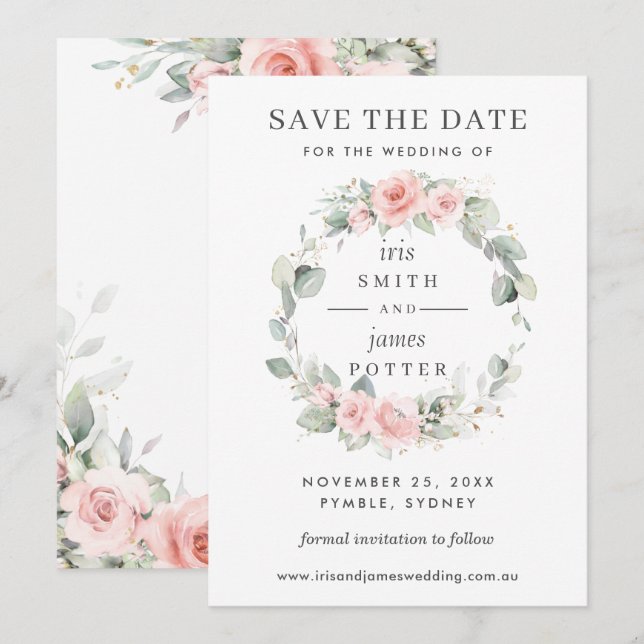 Carte de mariage à save the date Fleurs rose tendr (Devant / Derrière)
