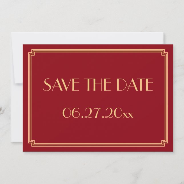 Carte de mariage Art Déco rouge Gatsby Save The Da (Devant)