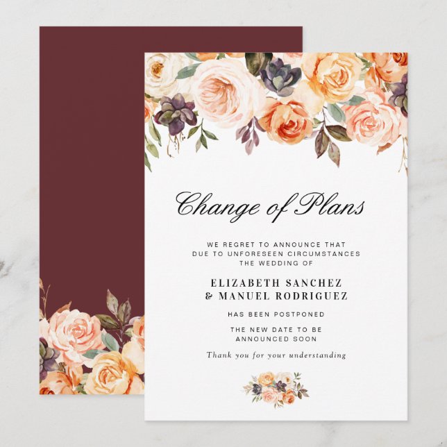 carte de mariage automnal floral reporté (Devant / Derrière)