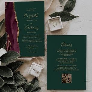 Carte de mariage avec QR Code Vert Emeraude Agate 