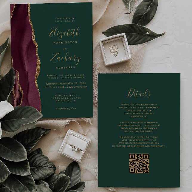 Carte de mariage avec QR Code Vert Emeraude Agate  (Créateur téléchargé)
