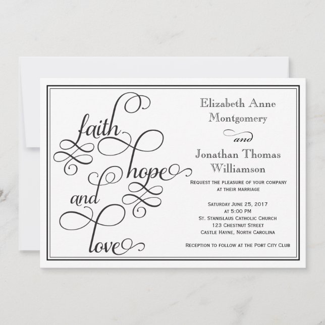 Carte de mariage Black Curly Script Faith Hope & L (Devant)