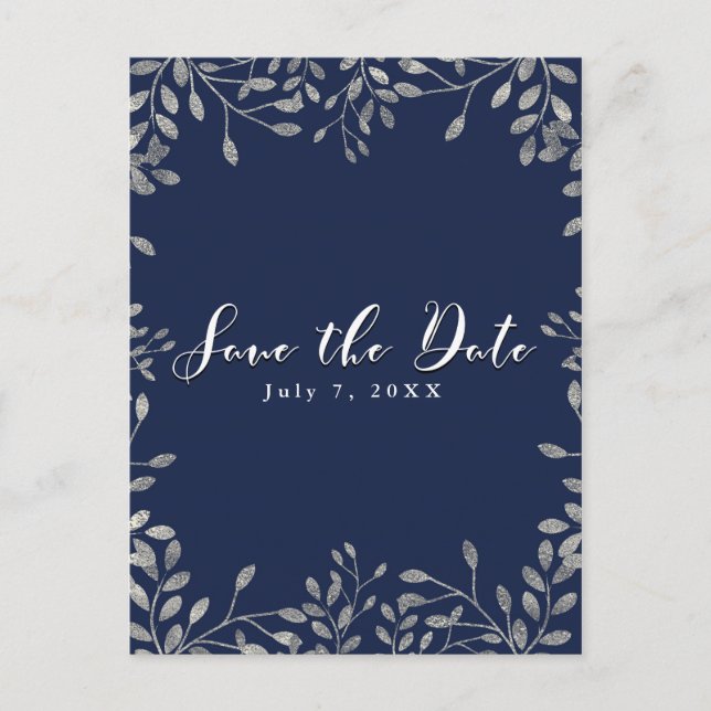Carte de mariage botanique bleue et argentée à con (Devant)