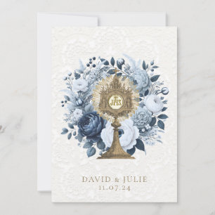 Carte de mariage catholique bleue florale Monstran