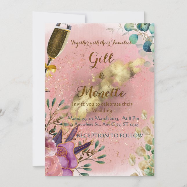 Carte de mariage Champagne Floral (Devant)