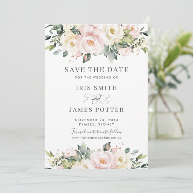 Carte de mariage chic Save the Date avec fleurs en (Debout devant)