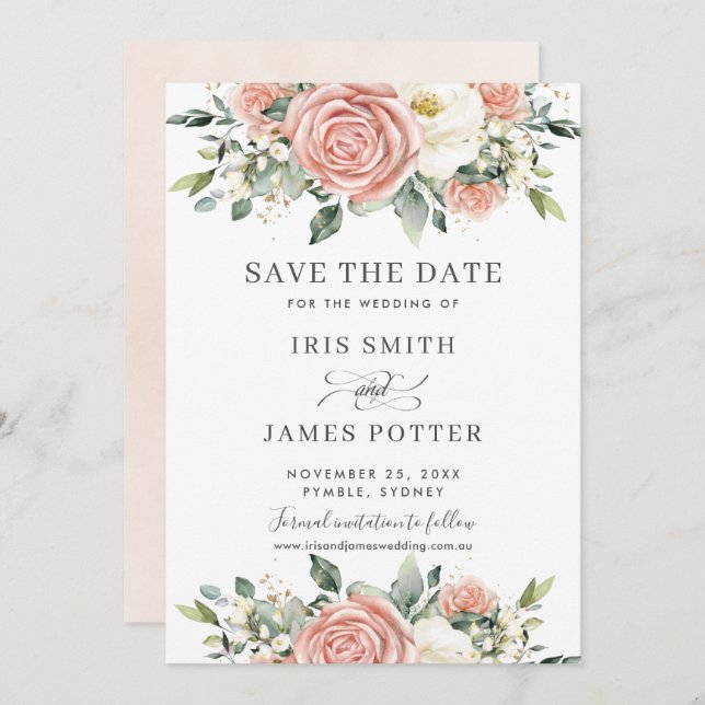 Carte de mariage chic Save the Date avec fleurs en (Devant / Derrière)