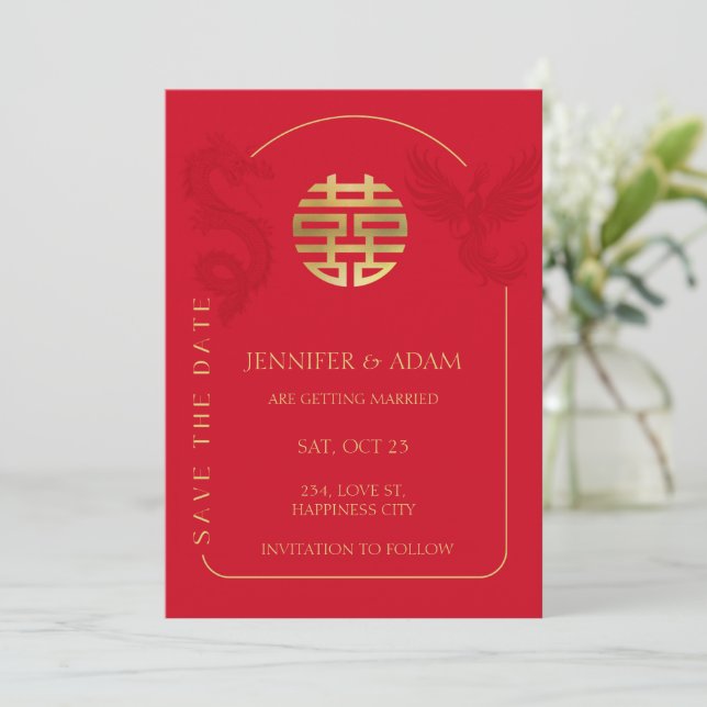 Carte de mariage chinoise "Save the Date" Asiatiqu (Debout devant)