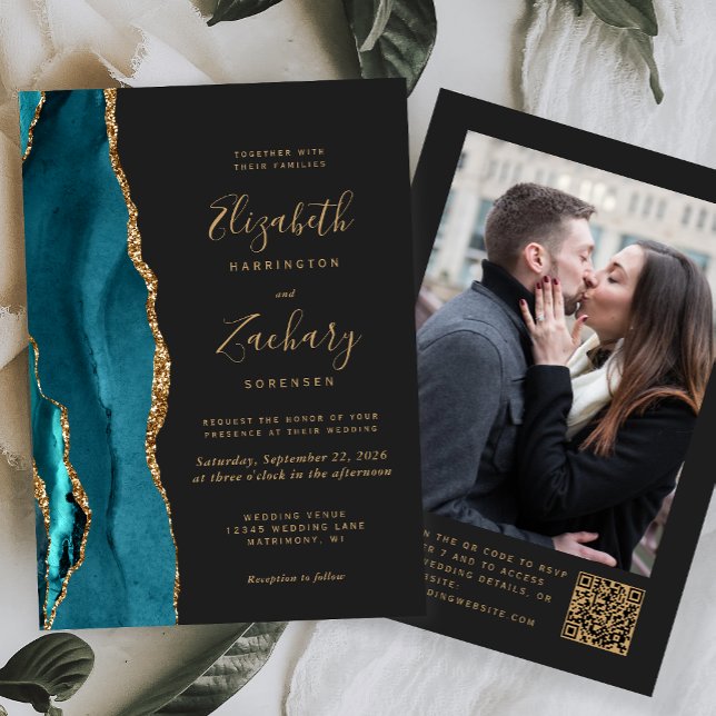 Carte de mariage Code QR Photo Sombre Agate Or Ble (Créateur téléchargé)
